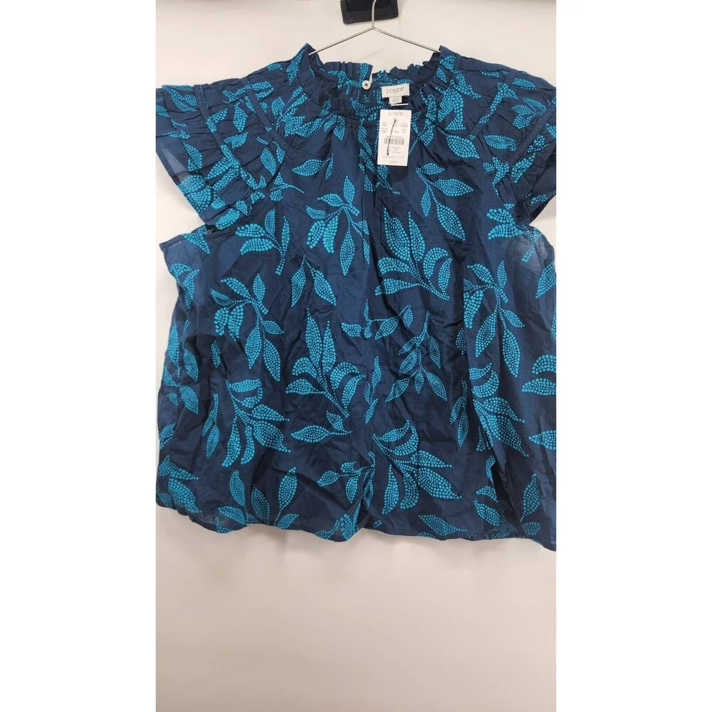 J.Crew Size 2X Blue Green 100%‎ Cotton Flutter Sleeve Top NWT Floral